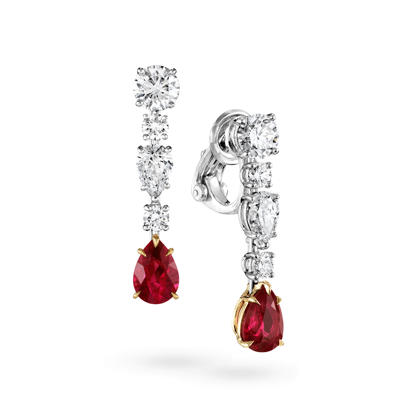 Angled view of the Diamond and Ruby Drop Earrings