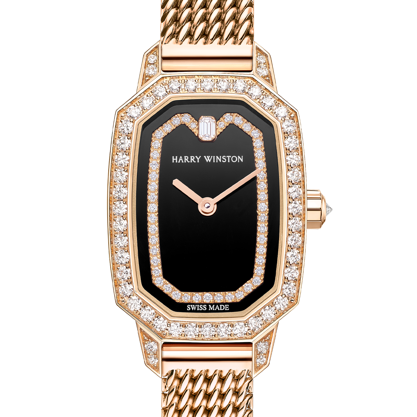 Emerald rose gold case and bracelet with black dial close-up